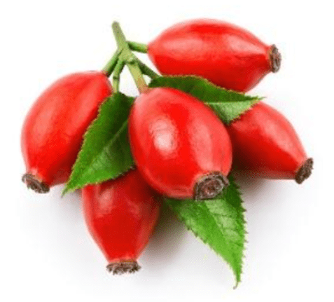 2 A group of red berries with green leaves on them.