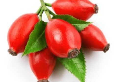 2 A group of red berries with green leaves on them.